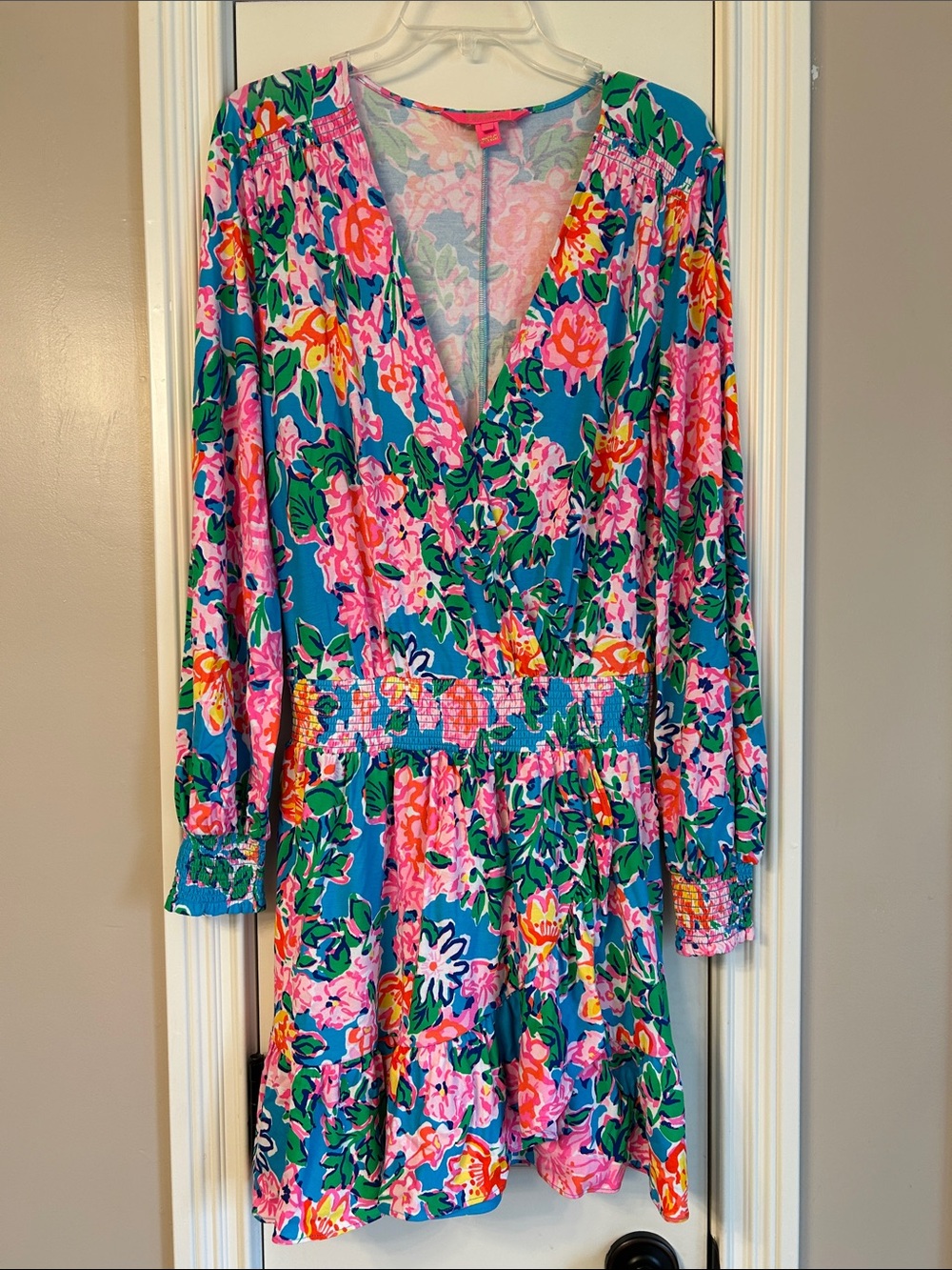 Lilly Pulitzer Peggy Pink Rose and Teal Floral Long Sleeve Romper Sz M - Picture 2 of 9